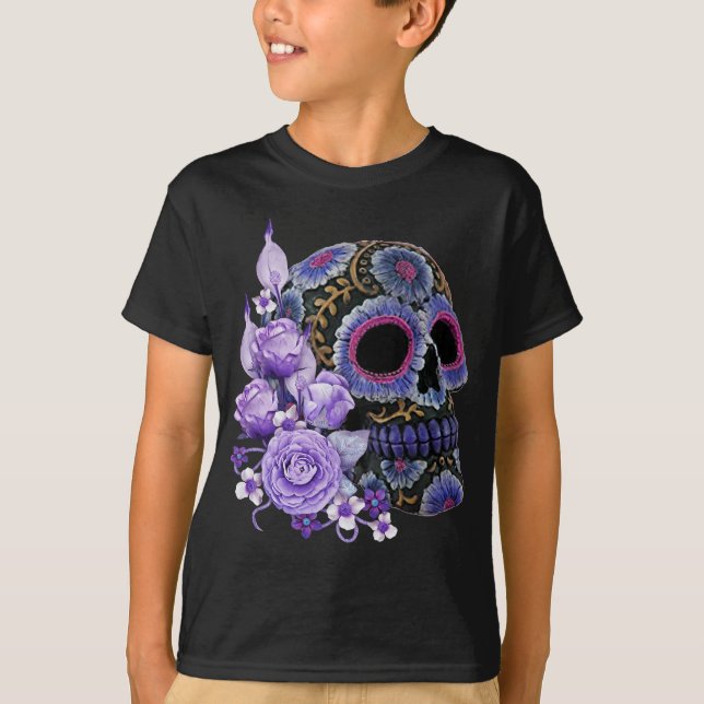 Camiseta Morado Floral Black Sugar Skull Día De Los Muertos (Anverso)