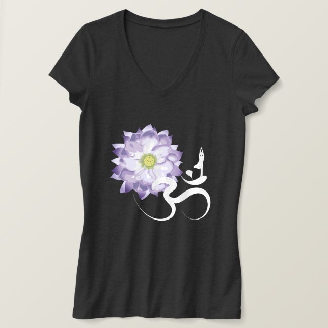 Camiseta Morado Lotus Flor Yoga & Om/Aum Zen Calligraphy (Anverso del diseño)