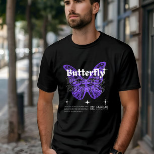 Camiseta Morado negro y mariposa blanca moderna ilustrada