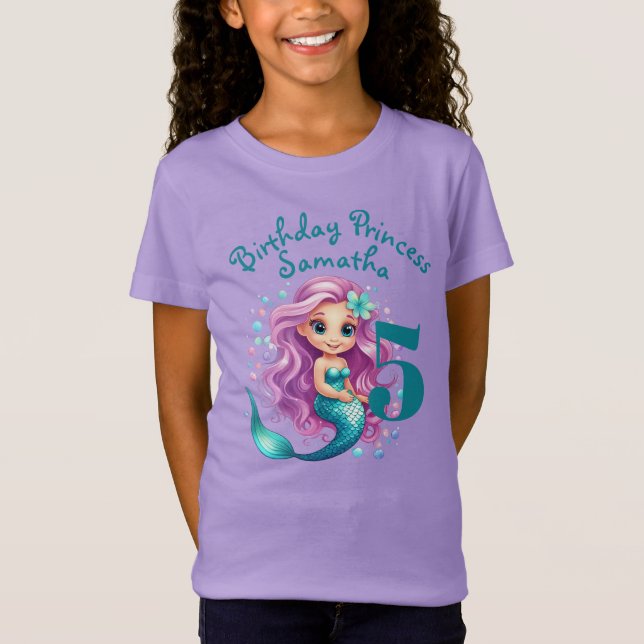 Camiseta Morado Pequeña Sirena Acuarela Cumpleaños Chica (Anverso)
