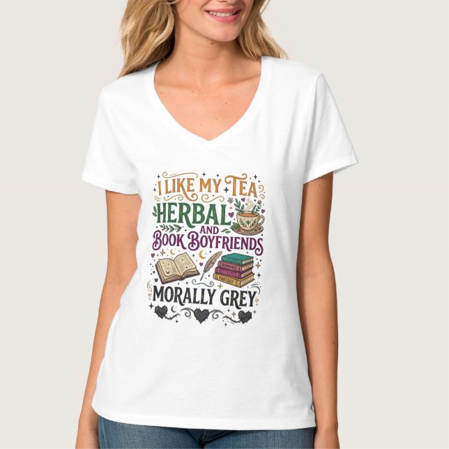 Camiseta Morally Grey Book Boyfriend Herbal Tea Romance (Anverso)