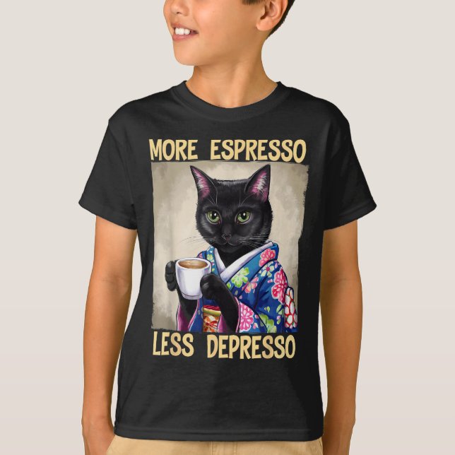 Camiseta More Espresso Less Depresso Japanese Art Funny Cat (Anverso)