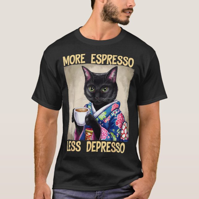 Camiseta More Espresso Less Depresso Japanese Art Funny Cat (Anverso)