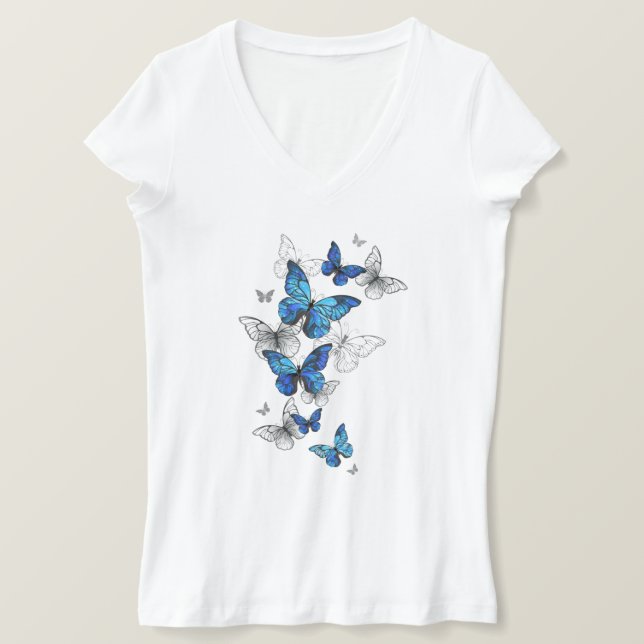 Camiseta Morfo de las mariposas voladoras azules (Anverso del diseño)