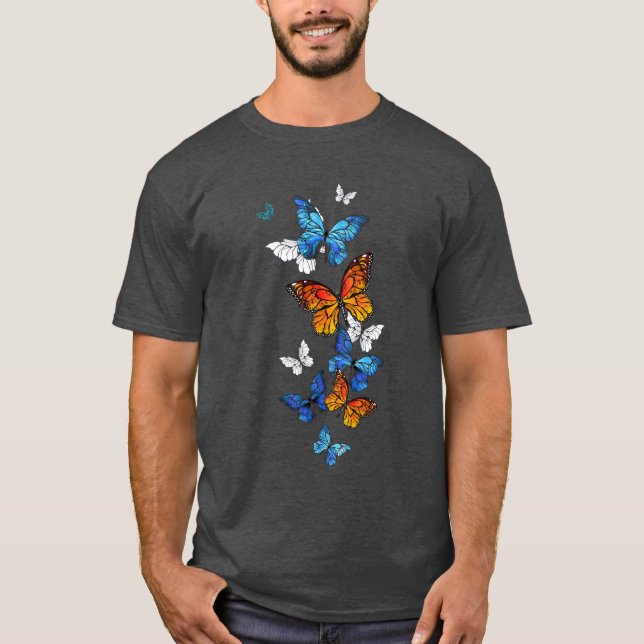 Camiseta Morfo y monarca de las mariposas voladoras (Anverso)