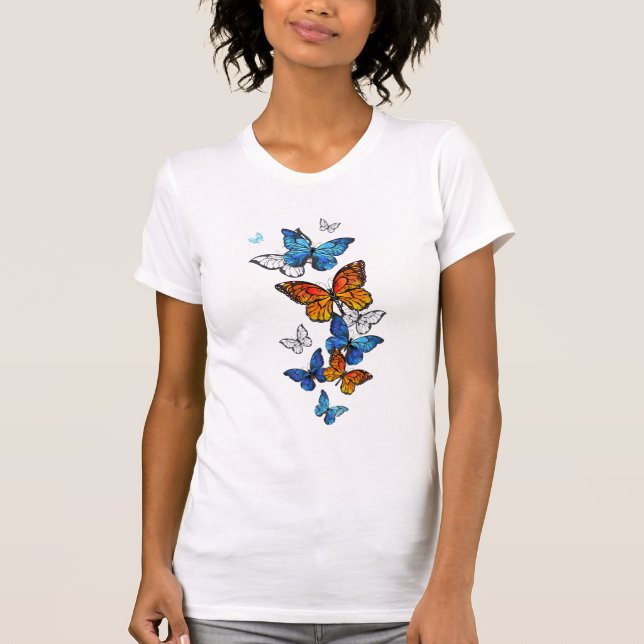 Camiseta Morfo y monarca de las mariposas voladoras (Anverso)