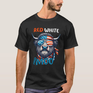 Camiseta Morica Highland Cow Azul Blanco y Rojo 4 De Julio