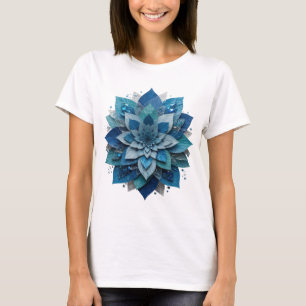 Camiseta Motivo Artístico de Flor de Hielo Azul Plateado en