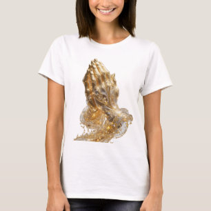 Camiseta Motivo Artístico Manos Orando Doradas Plateadas El