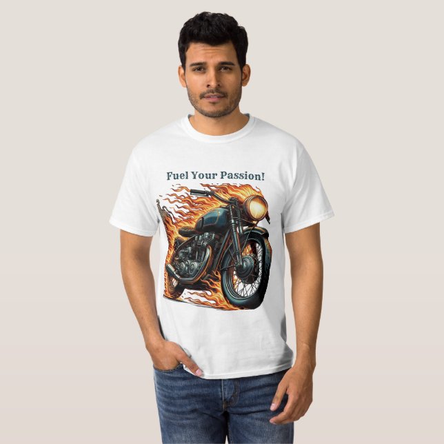 Camiseta Motocicleta clásica en movimiento con llamas (Anverso completo)