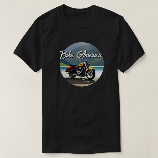 Camiseta Motocicleta Estacionado cerca del lago (Diseño del anverso)