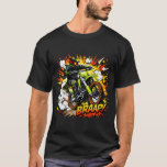 Camiseta Motocross Comic Burst Dirt Bike Rider<br><div class="desc">A bold comic-inspired motocross design featuring a high-energy dirt bike rider launching forward in an explosive action scene. Surrounded by dynamic starbursts, smoke clouds, and stylized motion effects, the rider powers through the frame with vibrant colors and strong graphic lines that make the artwork pop. The design blends motocross adrenaline...</div>
