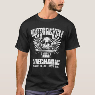 Camiseta Motorcycle Mechanic Skull, Wrench, Wings Distresse