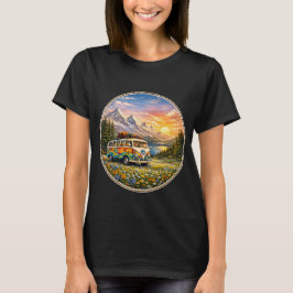 Camiseta Mountain Sunset Wildflowers Retro Hippie Van Life