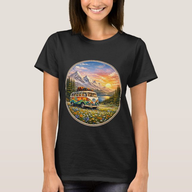 Camiseta Mountain Sunset Wildflowers Retro Hippie Van Life (Anverso)