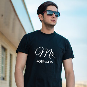Camiseta Mr. Custom Name New White Script Black Mens