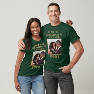 Camiseta Mr & Mrs First Christmas Green And Gold Photo