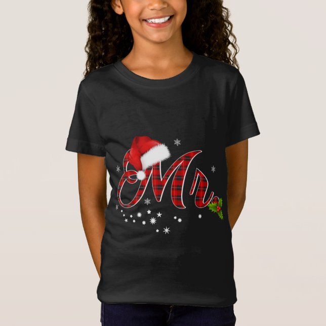 Camiseta Mr Shirt Red Plaid Santa Hat Parejas coincidentes  (Anverso)