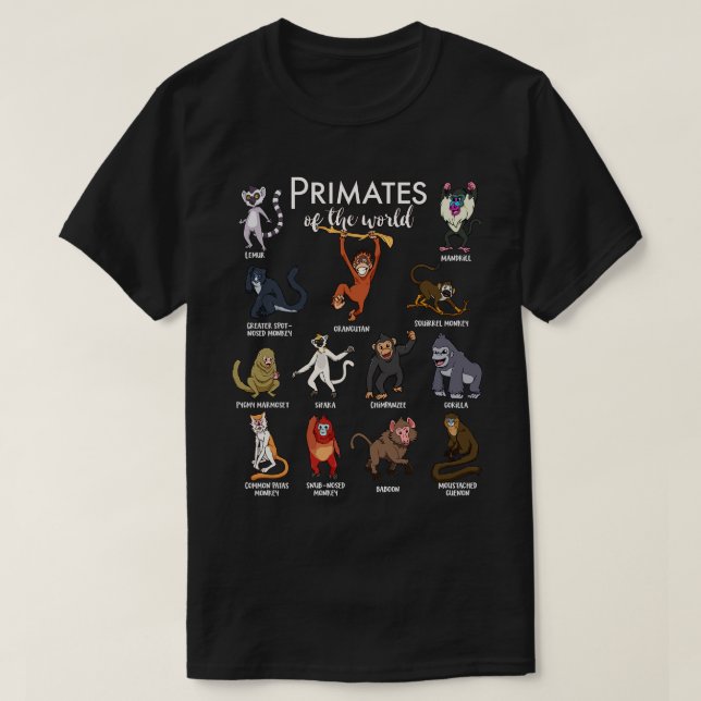 Camiseta Muchas especies de monos tipos de primates (Diseño del anverso)