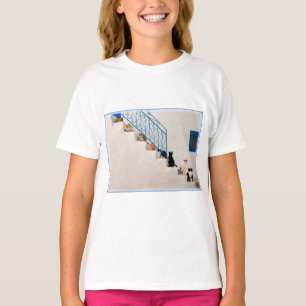 Camiseta Muchos gatos en una escalera blanca en un pueblo g