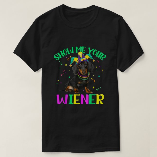 Camiseta Muéstrame tu Wiener Funny Mardi Gras Jester Gorra  (Diseño del anverso)