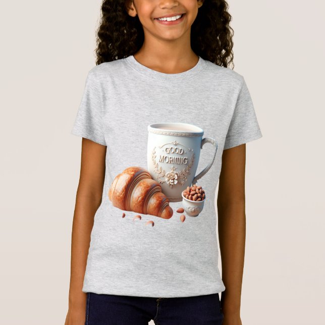Camiseta Mug blanca, croissant y almendra (Anverso)