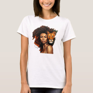 Camiseta Mujer afroamericana con león majestuoso