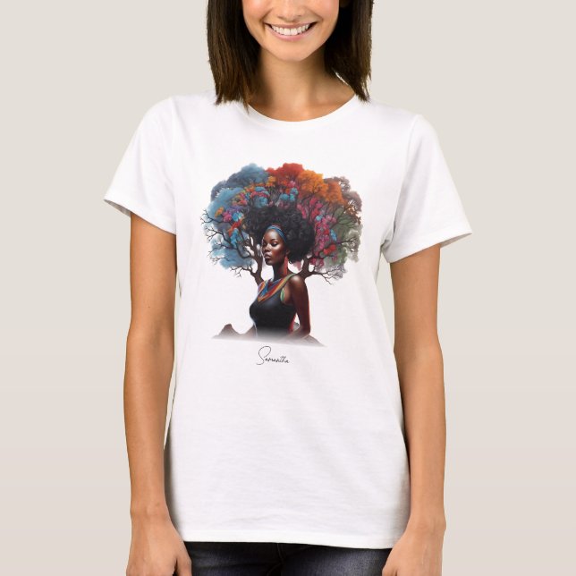 Camiseta Mujer afroamericana con pelo adornado con árbol (Anverso)