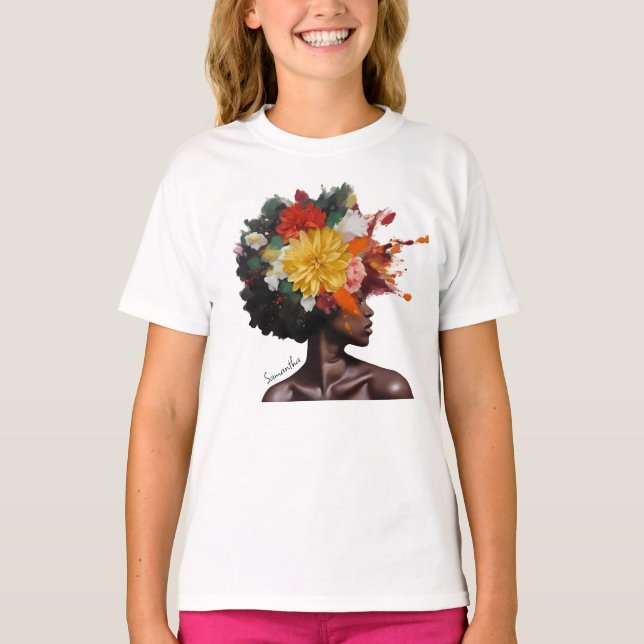 Camiseta Mujer afroamericana con pelo afro floral (2) (Anverso)