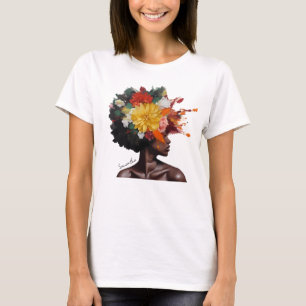 Camiseta Mujer afroamericana con pelo afro floral (2)