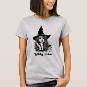 Camiseta Mujer bruja, bruja negra elegante sosteniendo el v