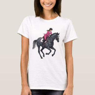 Camiseta Mujer caprichosa montando un elegante caballo negr
