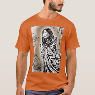 Camiseta Mujer Chica Nativa Estadounidense En Tinta Negra Y