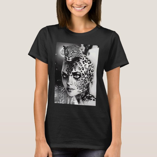 Camiseta Mujer con un leopardo negro y blanco impreso (Anverso)