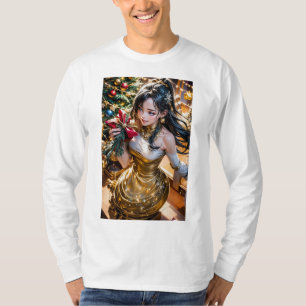 Camiseta mujer con un vestido de oro sosteniendo una rosa r