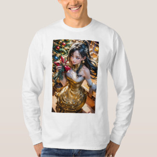 Camiseta mujer con un vestido de oro sosteniendo una rosa r