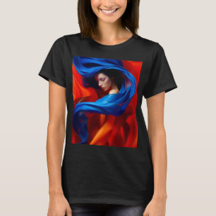 Camiseta Mujer con velo azul cobalto sobre fondo naranja