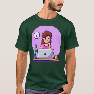 Camiseta Mujer confusa trabajando en laptop