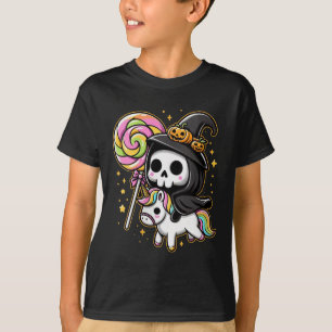 Camiseta Mujer Cute Grim Reaper Caminando Unicorn Hallo