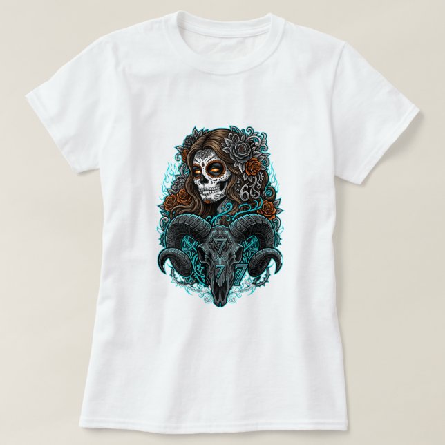 Camiseta Mujer de azúcar de cráneo gótico y cráneo (Diseño del anverso)