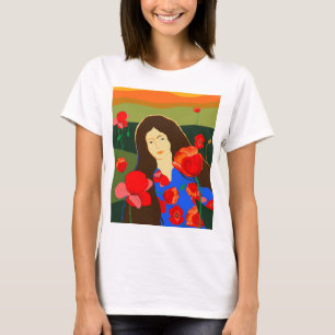 Camiseta Mujer de pelo largo caminando en el campo de la am