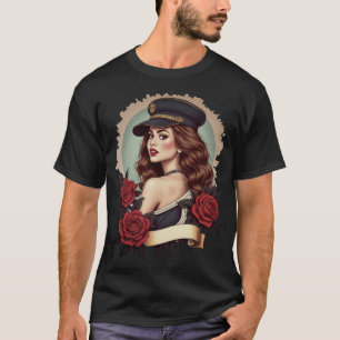 Camiseta Mujer elegante con sombrero militar y rosas – Surr