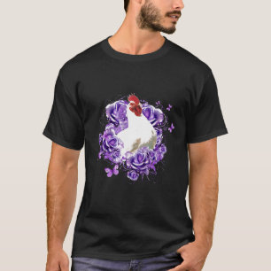 Camiseta Mujer Flor Púrpura Mariposa Gallina Adorable