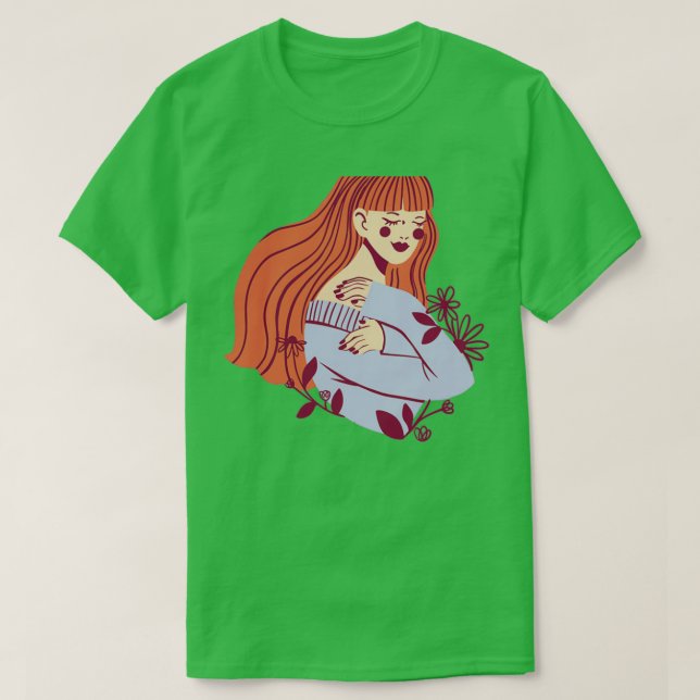 Camiseta Mujer Floral Chica salvaje con flores pelirroja 4 (Diseño del anverso)
