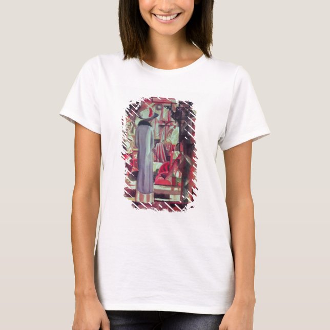 Camiseta Mujer frente a una gran ventana iluminada (Anverso)