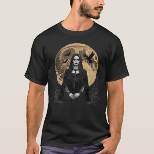 Camiseta mujer gótica y cuervos sobre la luna
