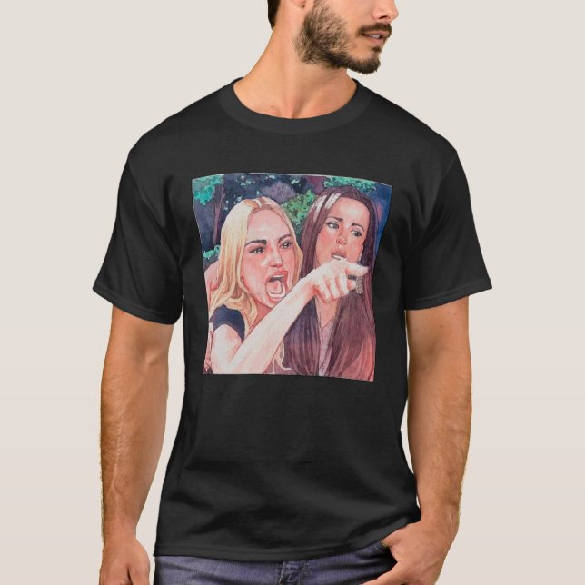 Camiseta Mujer gritando en la mesa meme de gato dank meme (Anverso)