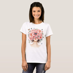 Camiseta Mujer Hermosa con Rosas Rosadas Gigantes y Maripos