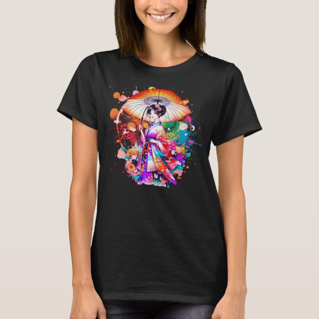 Camiseta Mujer japonesa hermosa en Kimono Parasol (Anverso)