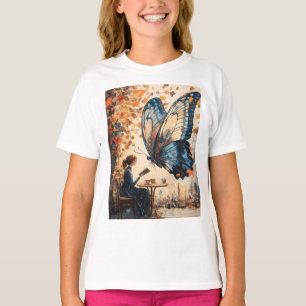 Camiseta Mujer leyendo con arte abstracto de mariposa gigan